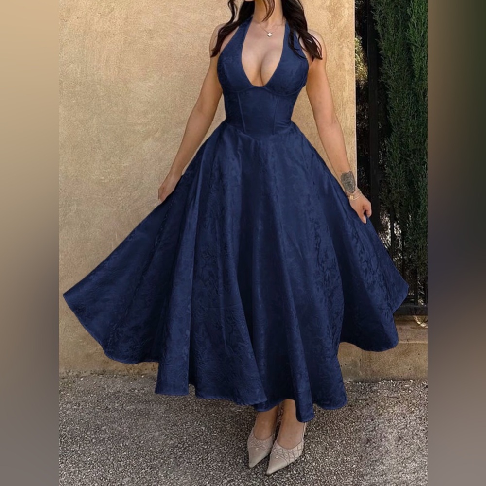 Elegant Navy Blue Embroidered Adjustable Corset Halter Dress Midi Length New